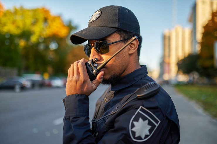 Photo police officer talking on the radio