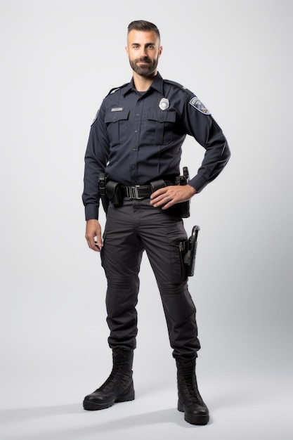 Полицейский в форме с пистолетом и значком.