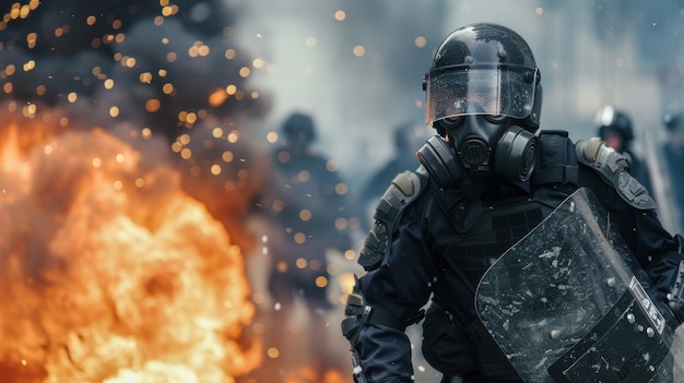 A police officer wearing a gas mask and holding a shield cautiously approaching a group of