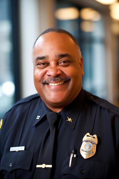 a police officer with a badge on his shoulder