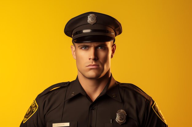 Police officer with copy space on yellow background