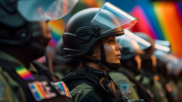 A police officer with a helmet on stands in front of a crowd of people.