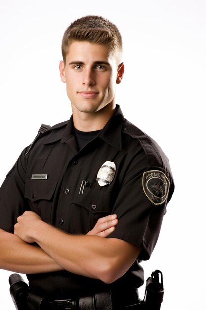 Photo a police officer with his arms crossed and wearing a badge that says police on it