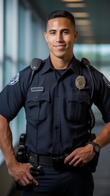 a police officer with his arms crossed and wearing a badge that says police on it
