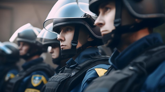 Photo police officers in front of a building