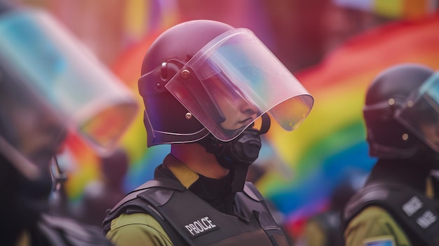 Police officers wearing helmets and a rainbow flag