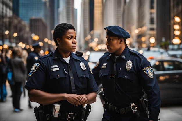 Photo police officers at work in the city daytime on duty