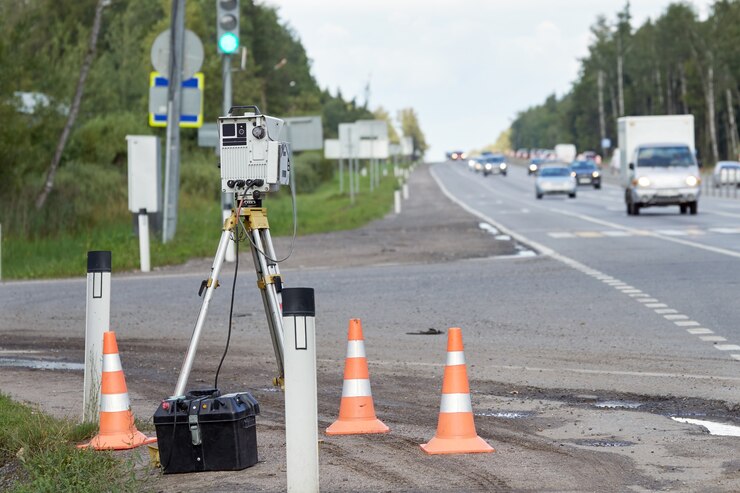 夏の日にロシアの高速道路を通過する車の速度を測定するための警察のレーダー