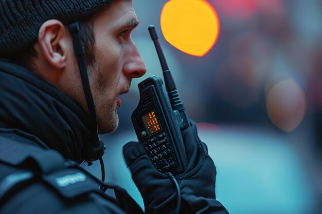 Foto guardia di sicurezza del servizio di polizia e walkie talkie generative ai