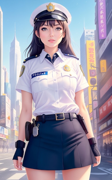 Police sexy woman in a short skirtMetropolis street