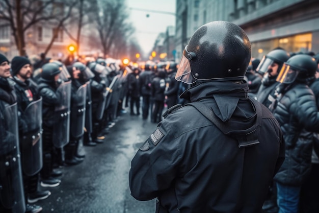 Police squad wearing uniform on the city street Generative AI