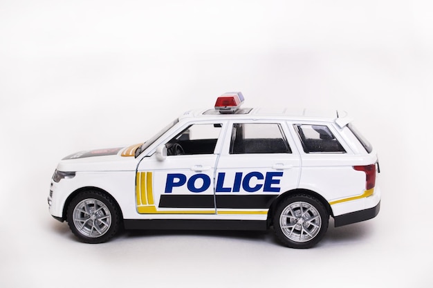 Police toy car on a white background