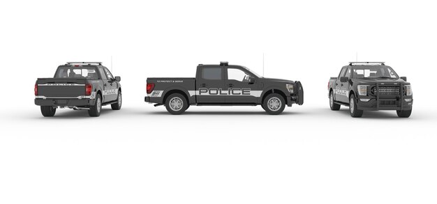 Police van truck set 3d rendring. City skyline with skyscrapers. Patrol emergency vehicles, Urban,