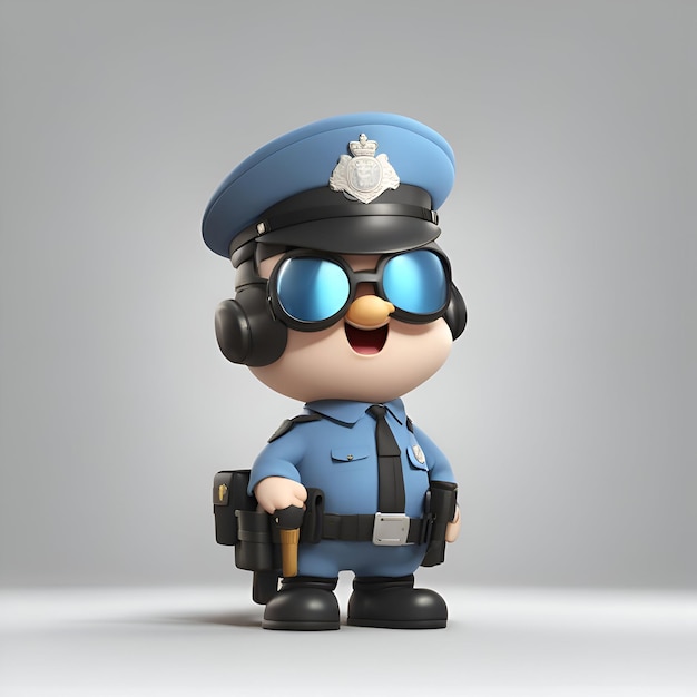 Policeman in blue uniform with headphones 3d render on gray background