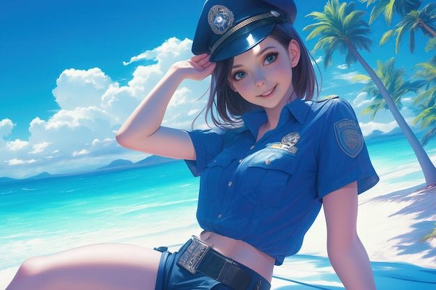 여름에 해변에서 해변에서 휴가를 보내는 여자 경찰관 애니메이션 만화 스타일