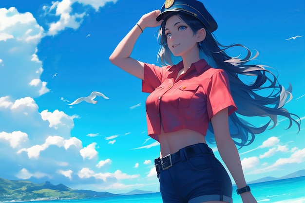 policeman girl officer on beach in summer on vacation by the sea in anime style