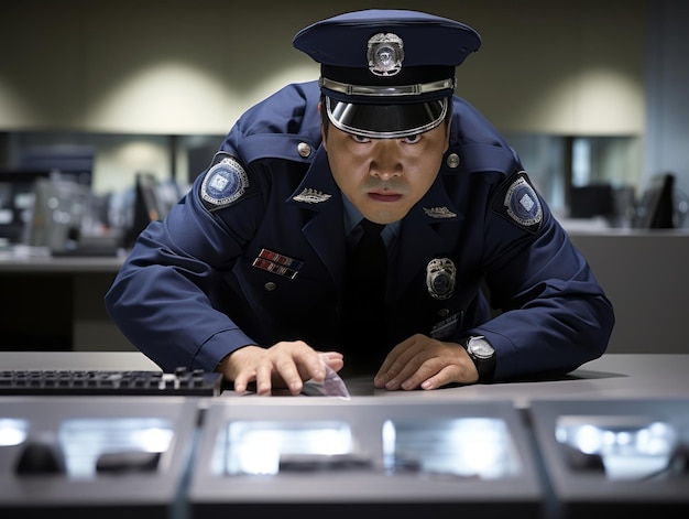 Photo policeman is meticulously examining the scene for evidence during his investigation