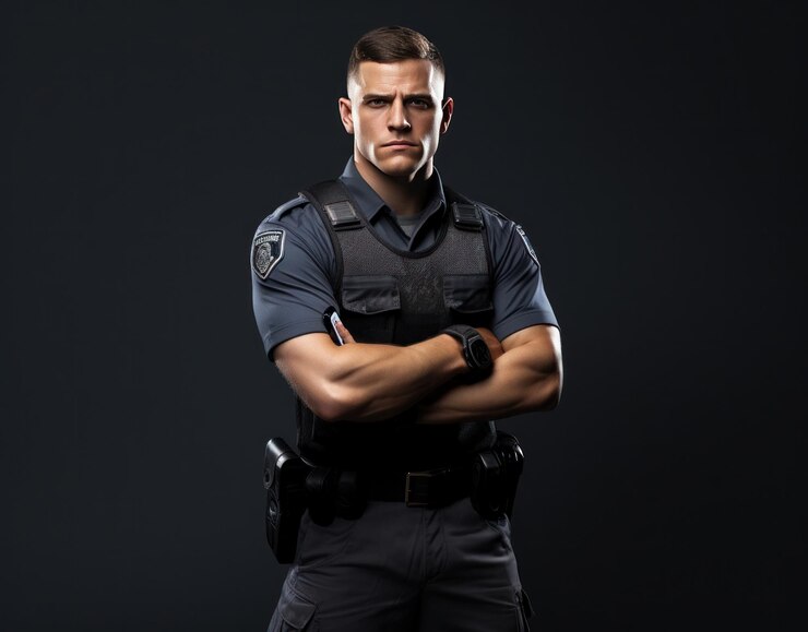 Photo policeman posing with his hands in his pockets