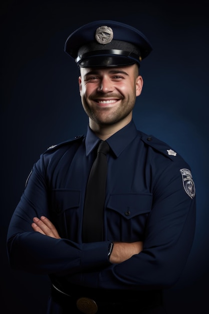 Policeman smile very detailed studio photo above the waist dark blue background