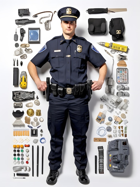 Policeman with components on the white background