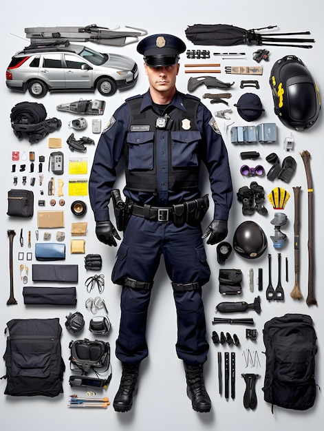 Policeman with components on the white background