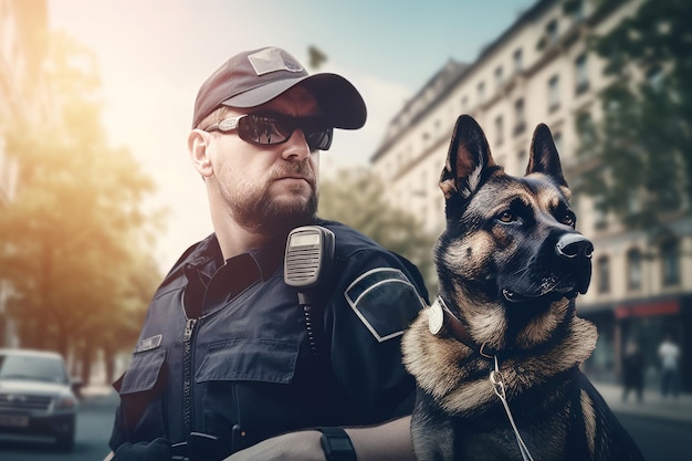 Policeman with dog at street City service Generate Ai