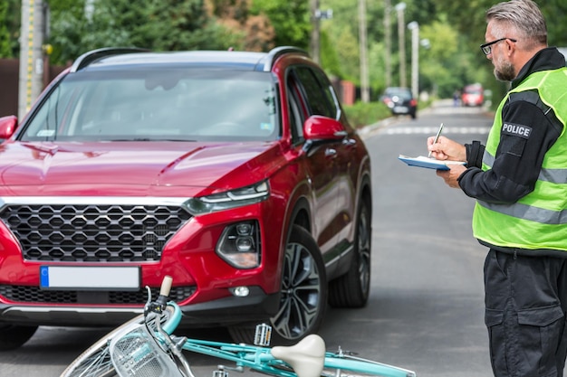 Policeman writes a ticket standing in front of a red car that hit a cyclist on a pedestrian lane