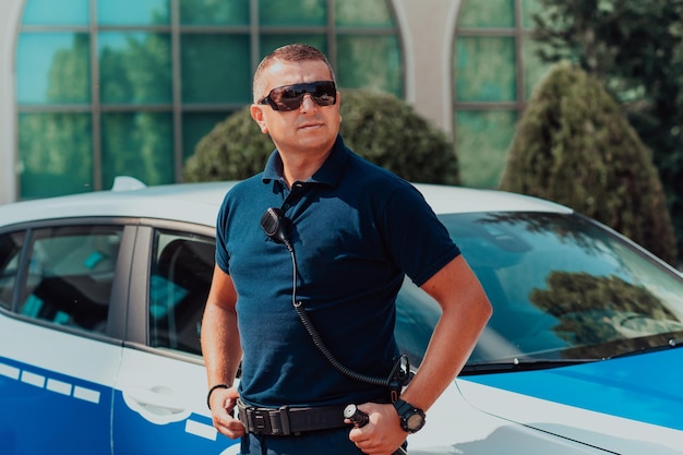 A policeofficer patrols the city. a police officer with sunglasses patroling in the city with an official police car