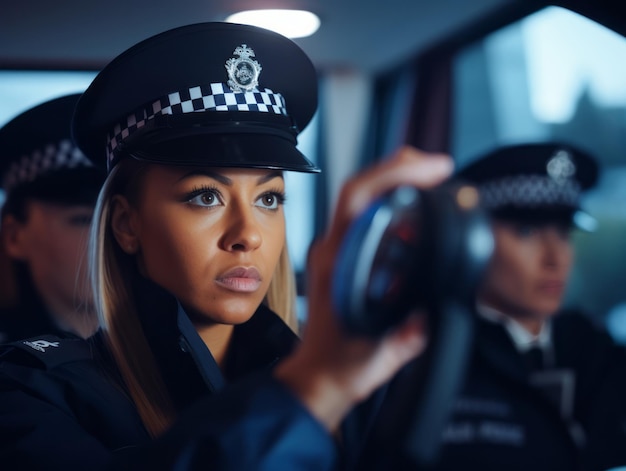 Policewoman is carefully examining the crime scene for potential evidence