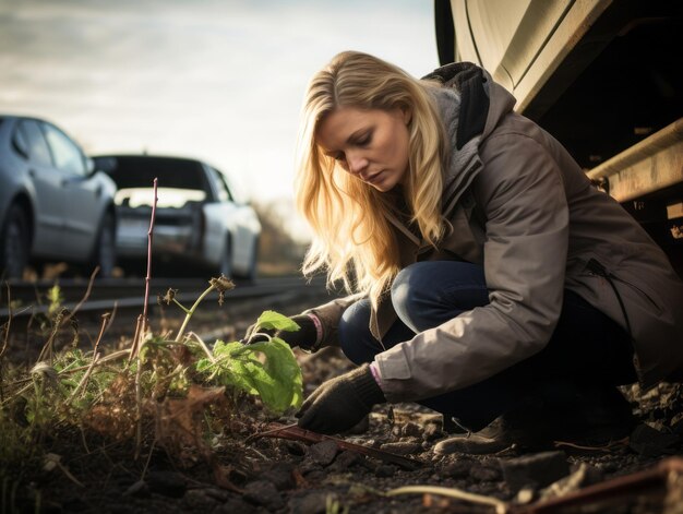 Policewoman is carefully examining the crime scene for potential evidence