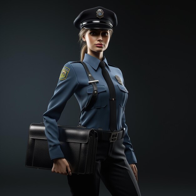 ユニフォームを着た女性警官とブリーフケース 3Dレンダリング