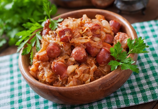 Polish bigos with smoked sausage and bacon