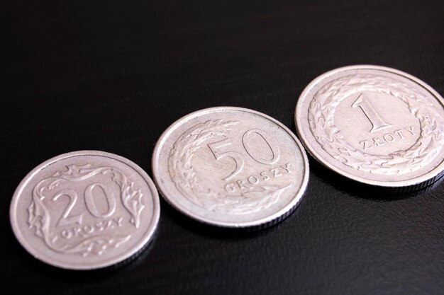 Monete polacche 1 zloty su sfondo nero