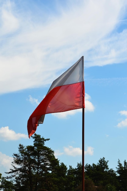 Polish flag waving against blue sky