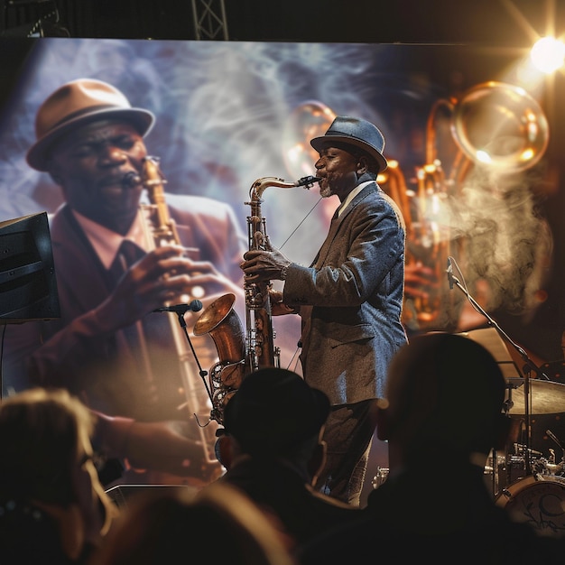 Foto musicista polacco del festival del jazz che suona il sassofono immagine