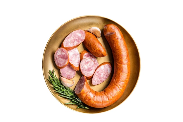 Polish Smoked sausage in a steel plate Isolated on white background