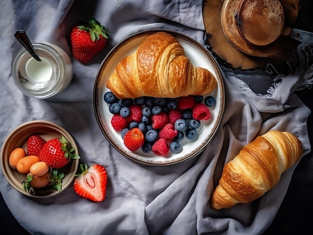 Polish traditional breakfast Croissant berries on a wooden table View from above Ai Generative