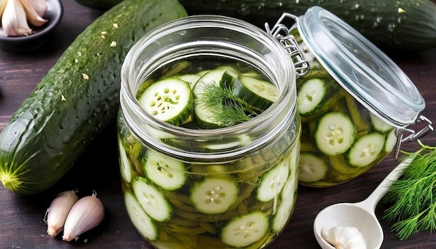 Foto cetrioli in salamoia tradizionalmente polacchi fermentati in salmoia senza aceto con aglio d'aneto e acqua