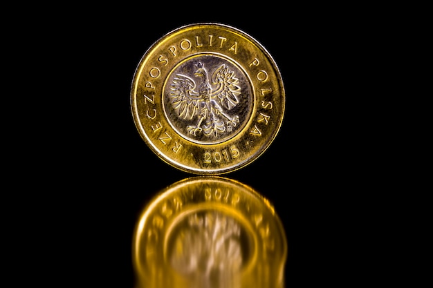 Polish zlotys in the form of metal coins, legal tender in Poland used for payments in the state, beautiful coins close-up, coin face value two zlotys