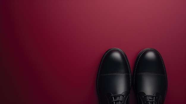 Polished black dress shoes on a bold red background