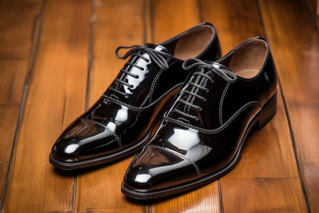 Polished black dress shoes on wooden floor