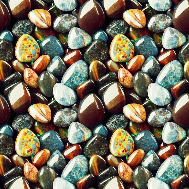 Polished gemstones seamless pattern Tumbled rocks pebbles repeating background