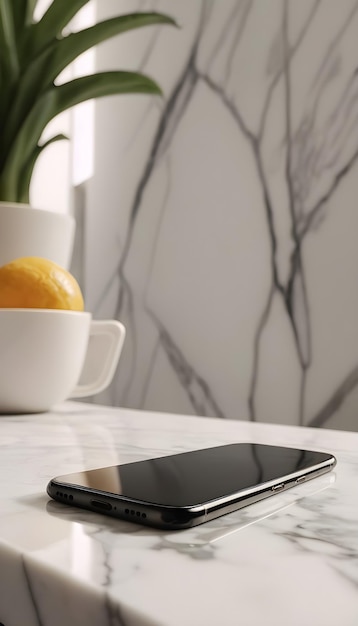 A polished marble countertop with a sleek smartphone