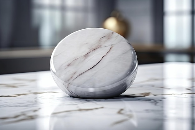 Polished marble table with a single marble ball resting on top Generative AI