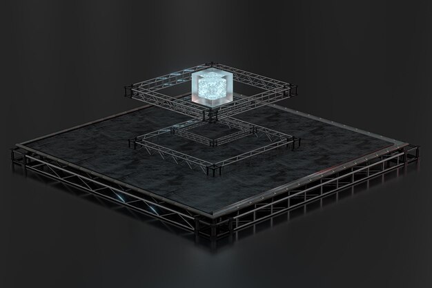 Photo polished metal frame a transparent suspended cube 3d rendering