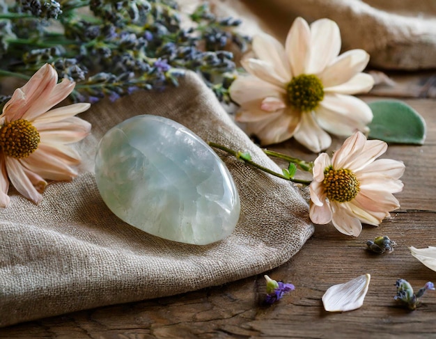 polished moonstone gemstone amidst pale blooms on a rustic textured linen and wooden background