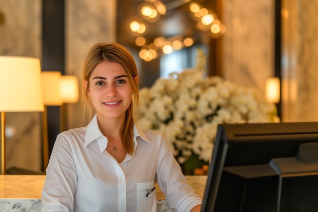 Foto receptionista raffinata che emana calore e professionalità nell'ospitalità di fascia alta