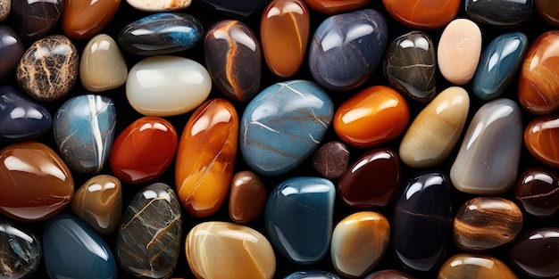 Photo polished stones in earthy tones glisten with reflected light