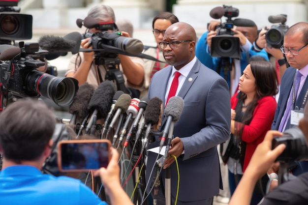 Political debates and campaign promises African American politician speaks to many reporters making regular loud statements He promises a better life if he is elected