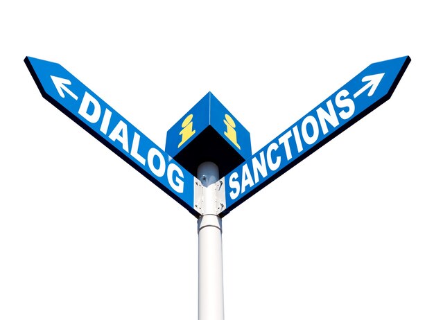 Photo political metaphor concept. waymark with the words dialog and sanctions isolated on white background